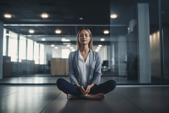 cute woman sitting in a meditation posture with closed eyes and a smile in a modern office, which may evoke a sense of mindfulness, relaxation, and work-life balance. Generative AI