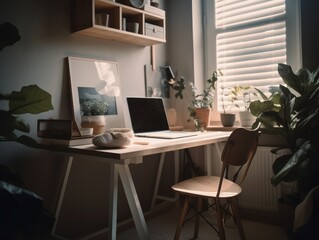 A minimalist and modern desk setup with a laptop and plants