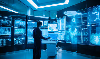 Technological sci-fi futuristic laboratory full of holographic interfaces. Male scientist stands near the central computer. Generative AI.