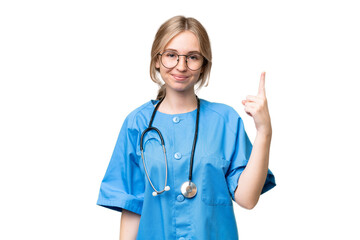 Young nurse English woman over isolated background pointing with the index finger a great idea