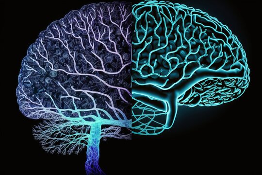 Image of a human brain next to an artificial neuron.