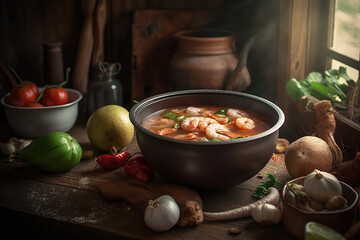 Tom Yum or spicy tom yum soup with chicken - Authentic Thai-style food, famous in Thailand, photo-realistic illustration, generative AI technology. 