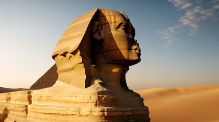 ancient sphinx with human head, egyptian mythology, mysterious monument in desert, generative AI