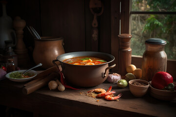 Obraz na płótnie Canvas Tom Yum or spicy tom yum soup with chicken - Authentic Thai-style food, famous in Thailand, photo-realistic illustration, generative AI technology. 