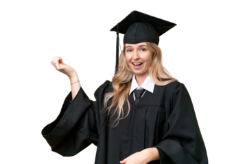Young university English graduate woman over isolated background making guitar gesture