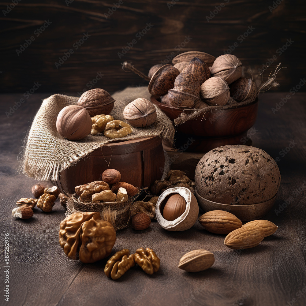 Wall mural Delicious assortment of nuts on wooden table. Snacks for healthy lifestyle. Generative AI.