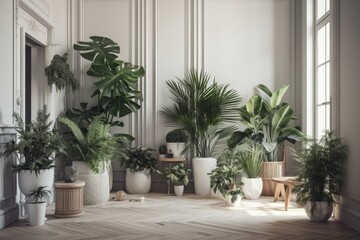 Fototapeta na wymiar Modern green plants in different containers adorn the chic environment. Modern house garden. Modern jungle interior. Plant filled house décor. Generative AI
