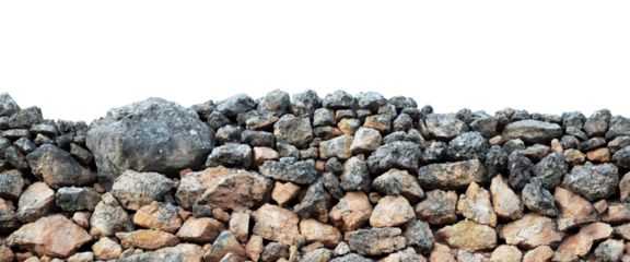 Close up view of an old stone wall of stacked rocks isolated on empty background