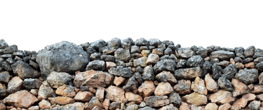 Close up view of an old stone wall of stacked rocks isolated on empty background