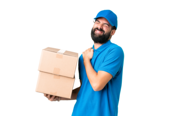 Delivery caucasian man over isolated chroma key background suffering from pain in shoulder for having made an effort