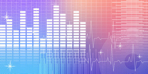 technology and white music rhythms and white vocal lines on the graph on gradient violet and pink color background, object, decor, banner, template