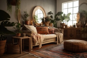 Fototapeta na wymiar Vertical shot of warm boho chic living room with couch, cushions, textile plaid, home décor, and houseplants in flowerpots near mirror on commode. Generative AI