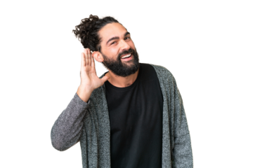 Young man with beard over isolated chroma key background listening to something by putting hand on the ear