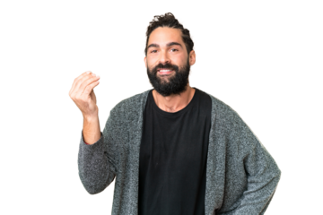 Young man with beard over isolated chroma key background making Italian gesture