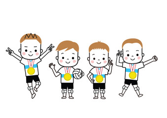 金メダルをかけて大喜びしている男子バレーボールの選手たち　