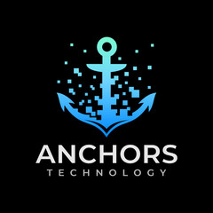 Modern technology digital pixel anchor logo design © Artswolf