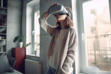 Obraz premium Beautiful young woman wearing VR glasses headset and having fun in her modern apartment
