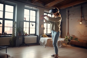 Fototapeta na wymiar Beautiful young woman wearing VR glasses headset and having fun in her modern apartment