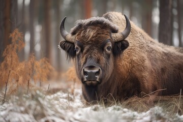 Bison Bonasus, a species of European bison, Knyszyn forest, Poland. Generative AI