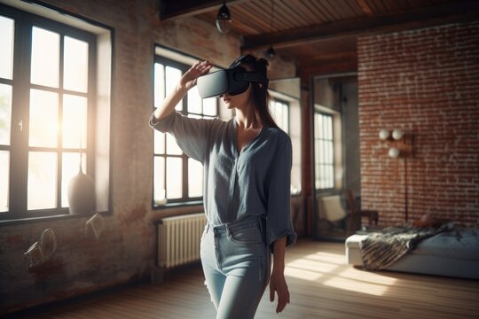 Beautiful young woman wearing VR glasses headset and having fun in her modern apartment