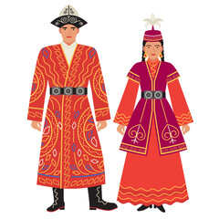 Obraz premium girl and young man in Kazakh folk costume isolated on a white background. young couple in the national traditional clothes of Kazakhstan. flat drawing in cartoon style. stock vector illustration. EPS 