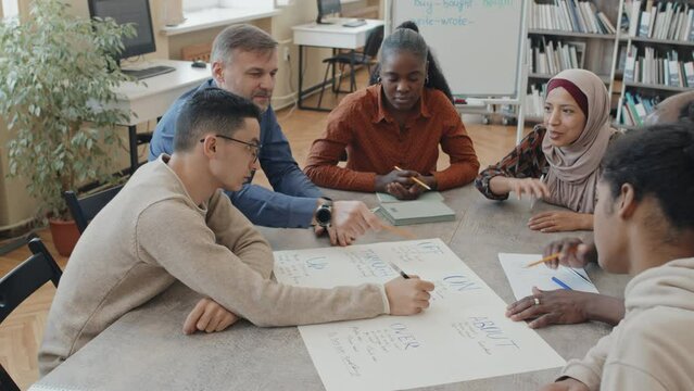 Ethnically diverse immigrants and their teacher sitting at table in classroom working on poster with phrasal verbs