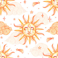 Watercolor seamless magic celestial pattern with golden sun with face, stars, comets and clouds. Illustration for astrological blogs, prints, label, tags, fabric, wrapping paper, background, nursery.