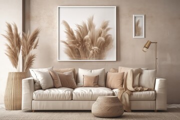 Warm living room wall mockup with beige couch and dry pampas grass. Boho decoration on blank wall. Excellent. Generative AI