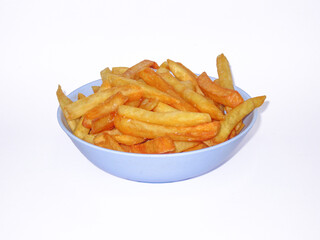 top view of French fries in a blue bowl Isolated on white background with clipping path.