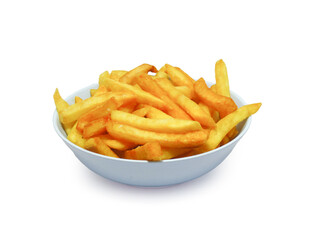 top view of French fries in a blue bowl Isolated on white background with clipping path.