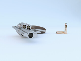 3D render - a silver revolver and two cartridges for it on a white background