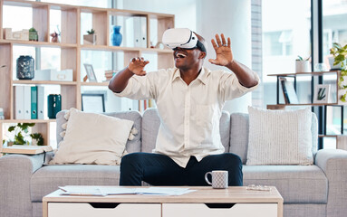 Happy, man and virtual reality headset in home lounge of cyber experience, metaverse system or gaming connection. Excited black male, VR and games in living room of future innovation of ui technology