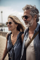 A couple in their 50s on vacation, smiling, wearing sunglasses, walking on the beach.