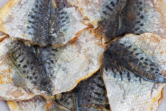 Dry salted yellowstripe scad texture background. Dried small fish pattern, selaroides snack wallpaper,