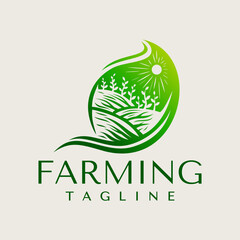 Illustrative organic farm landscape in leaf form logo design