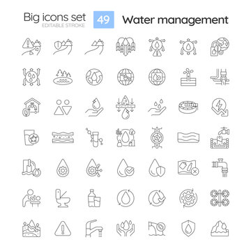 Water management linear icons set. Fresh aqua sources protection. Effective consumption and treatment. Customizable thin line symbols. Isolated vector outline illustrations. Editable stroke