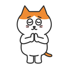 Cat illustration. Comic. Vector isolated. Cartoon. Orange tabby and white cat putting her hands together for praying, transparent PNG.