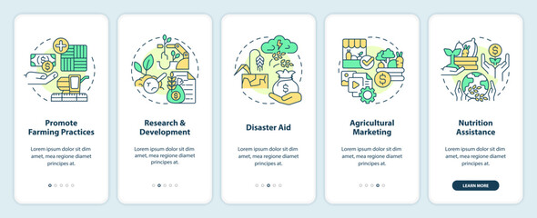 Agricultural subsidies onboarding mobile app screen. Walkthrough 5 steps editable graphic instructions with linear concepts. UI, UX, GUI template. Myriad Pro-Bold, Regular fonts used