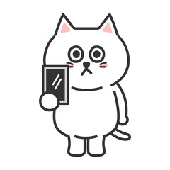White cartoon cat holding a smartphone or digital tablet. Transparent PNG.