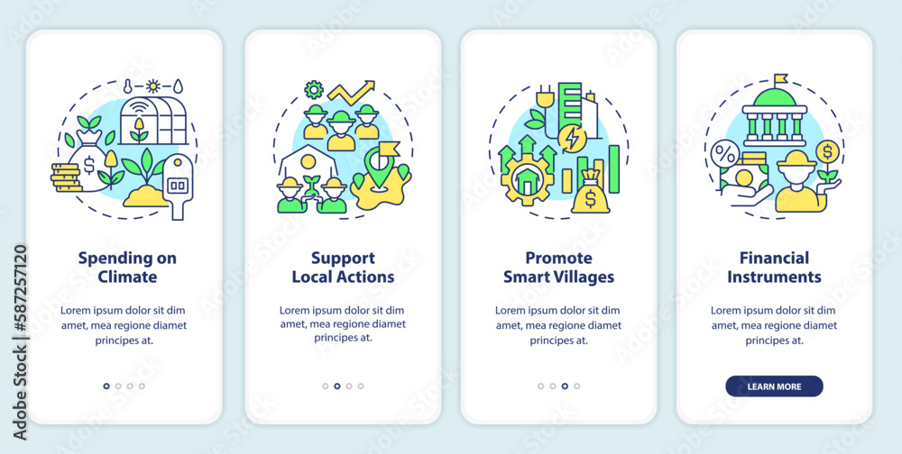 Wall mural rural development program onboarding mobile app screen. walkthrough 4 steps editable graphic instruc