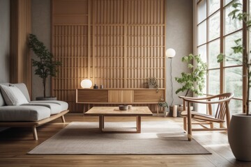 Fototapeta na wymiar Japanese living room, architect interior designer idea. Wooden dresser with wall mockup. Generative AI