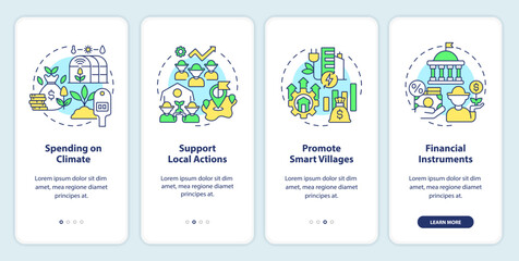 Rural development program onboarding mobile app screen. Walkthrough 4 steps editable graphic instructions with linear concepts. UI, UX, GUI template. Myriad Pro-Bold, Regular fonts used