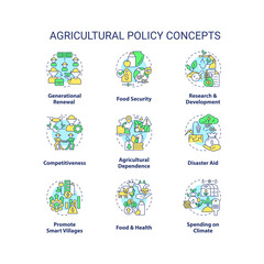 Fototapeta premium Agricultural policy concept icons set. Law regulation of farming business idea thin line color illustrations. Isolated symbols. Editable stroke. Roboto-Medium, Myriad Pro-Bold fonts used