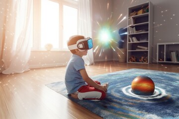 Smart little boy wearing virtual reality headset and looking at our digitally generated solar system with sun and planets. Space Exploration with AR Glasses. 