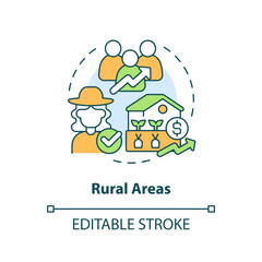 Rural areas concept icon. Jobs, growth and equality. Agriculture policy objective abstract idea thin line illustration. Isolated outline drawing. Editable stroke. Arial, Myriad Pro-Bold fonts used