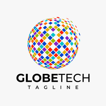 Modern technology colorful pixel globe logo design