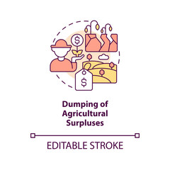 Dumping of agricultural surpluses concept icon. Disadvantage of farming policy abstract idea thin line illustration. Isolated outline drawing. Editable stroke. Arial, Myriad Pro-Bold fonts used