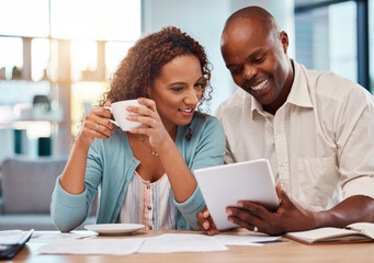 Happy couple, tablet and planning for finance, budget or application for loan on fintech app in...