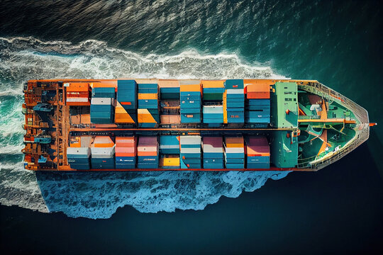 Aerial drone top view of cargo maritime ship carry