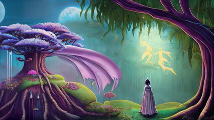 Digital art of a dreamlike, fairy, forest scene